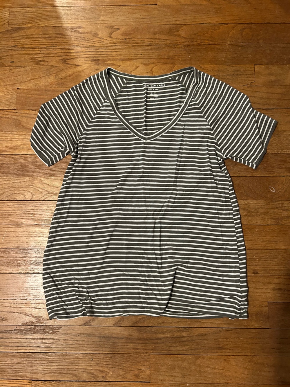 american eagle green/white striped “soft & sexy” v-neck top